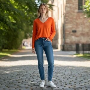 Spense Orange V-Neck Long Sleeve Knit Sweater Top Women's Size S Silk Blend Cute